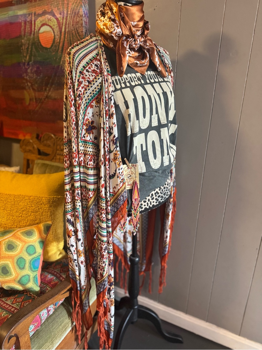 Boho Fringe Printed Kimono - Rust Multi